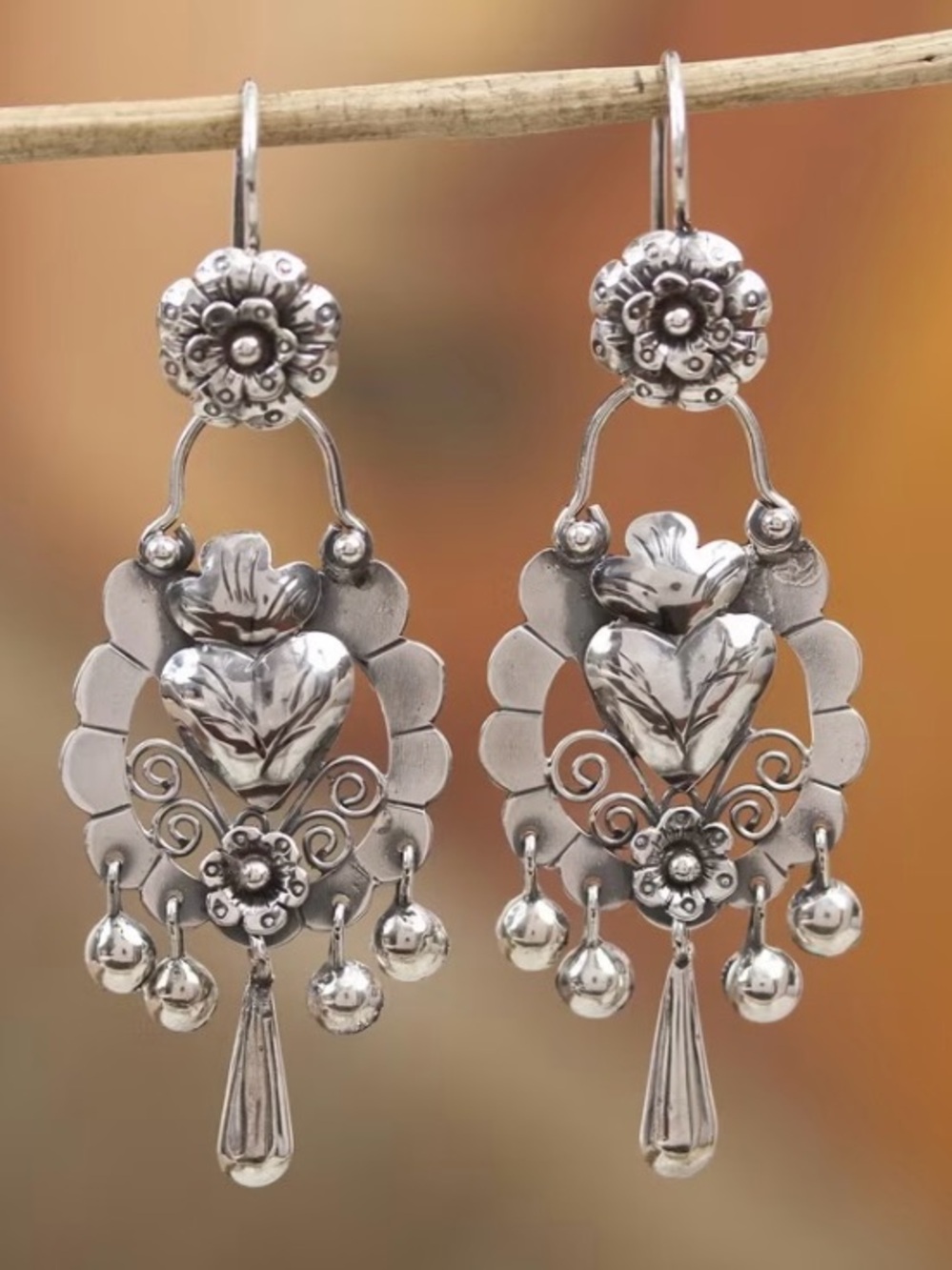 Artisan Heart Drop Silver tone Earrings - Floral